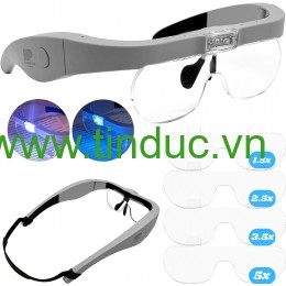 Kính lúp choàng đầu Magnipros MP9895 (có sạc, 2 đèn LED và 4 thấu kính có thể tháo rời 1.5X, 2.5X, 3.5X và 5X) (Hãng Magnipros- Mỹ)