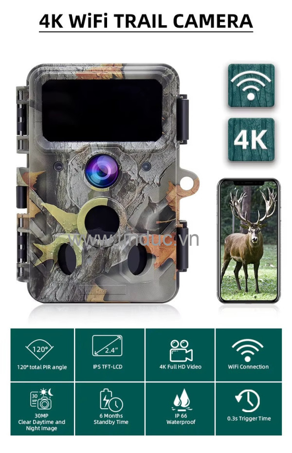 Máy bẫy ảnh Terino RD30-4K Pro (30 MP, Video 4K, Xem hình ảnh trên LCD, qua Wifi, IR 940nm không phát hiện) - Hàng chính hãng