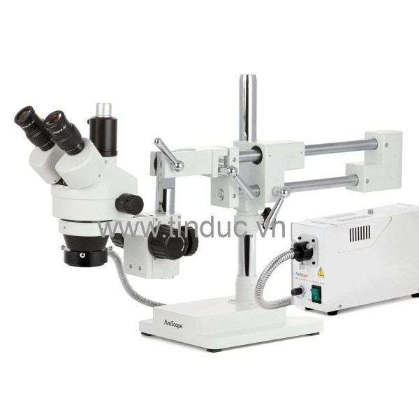 Kính hiển vi soi nổi 3 mắt AmScope SM-4  (phóng đại 7X–45X, kèm đèn vòng halogen 150W và giá đỡ tay đôi dạng boom) (Hãng AmScope - Mỹ)