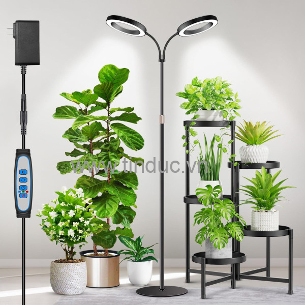 Đèn LED chống nước trồng cây trong nhà Terino DX-02 (Ánh sáng toàn dải, loại 02 vòng đèn, có hẹn giờ tự động, dạng đứng cao từ (58cm - 170cm), thu ngắn linh hoạt) – Hàng chính hãng