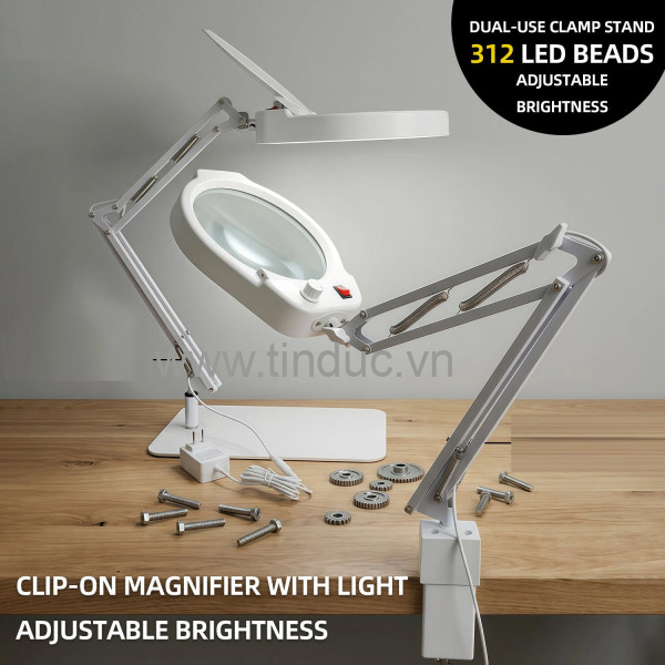 Kính lúp để bàn đường kính lớn TERINO DE-80W (phóng đại 10X, đường kính 180mm, đèn Led, đa năng để bàn hoặc kẹp bàn, màu trắng) - Hàng chính hãng