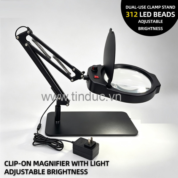 Kính lúp để bàn đường kính lớn TERINO DE-80B (phóng đại 10X, đường kính 180mm, đèn Led, đa năng để bàn hoặc kẹp bàn, màu đen) - Hàng chính hãng