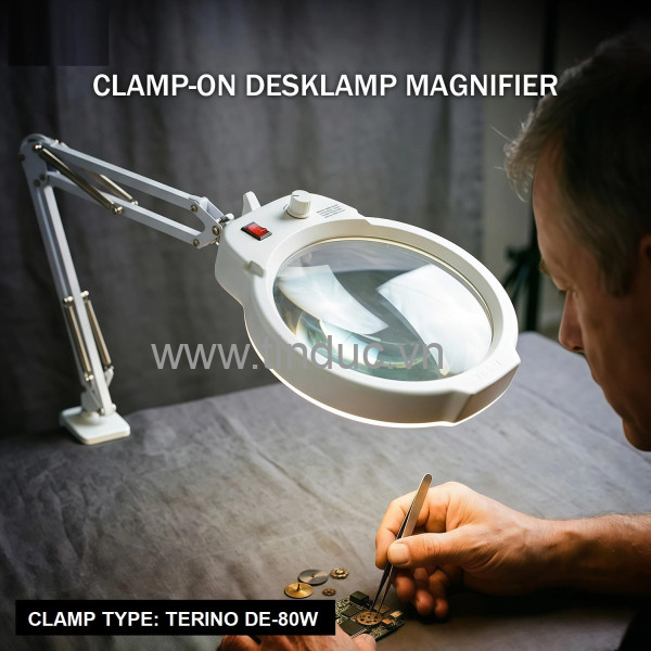 Kính lúp kẹp bàn đường kính lớn TERINO DE-80W (Loại kẹp bàn, phóng đại 10X, đường kính 180mm, đèn Led, màu trắng) - Hàng chính hãng