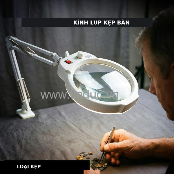 Kính lúp kẹp bàn đường kính lớn TERINO DE-80W (Loại kẹp bàn, phóng đại 10X, đường kính 180mm, đèn Led, màu trắng) - Hàng chính hãng